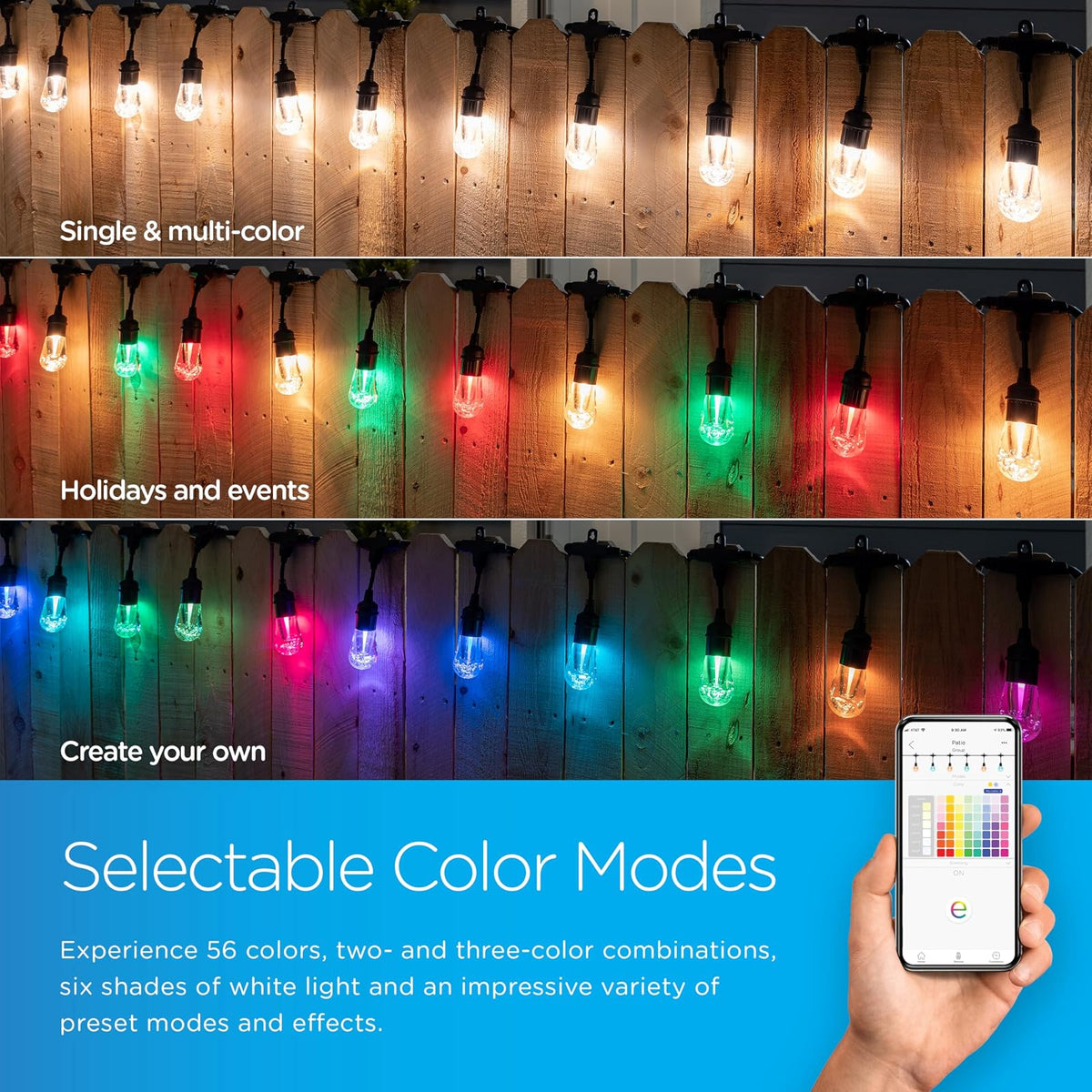 Enbrighten 57415 - Luces LED de café clásico inteligentes, Wi-Fi, 45 pies, multicolor/blanco, patio, terraza, porche, iluminación exterior, varias opciones de color, control inteligente, Bluetooth