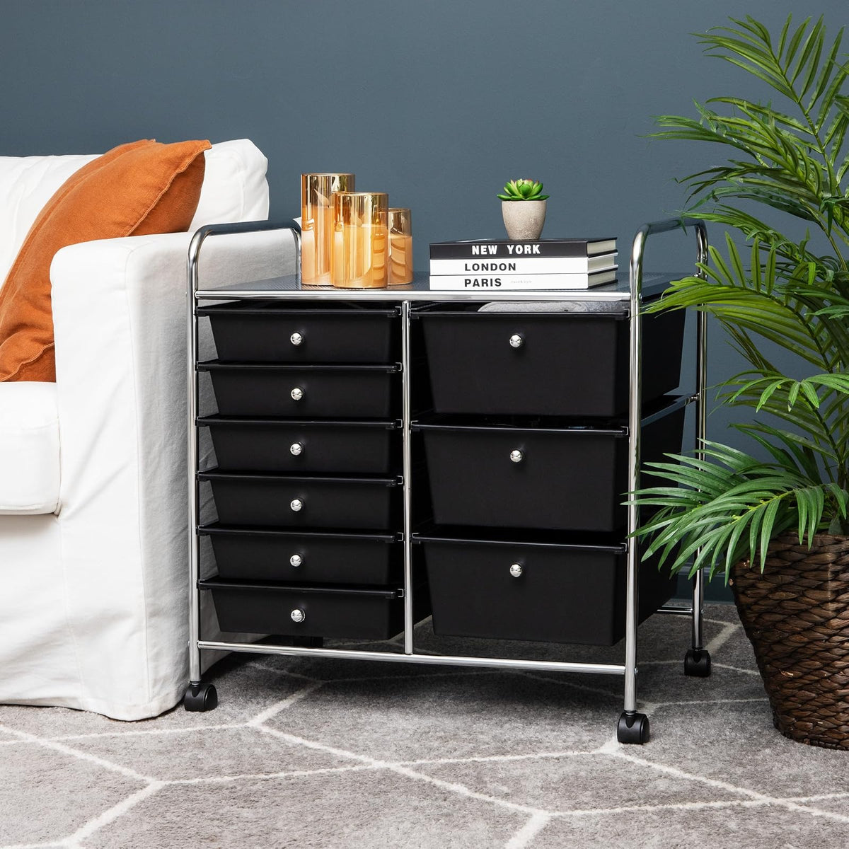 Mind Reader Rolling Cart with Drawers, Utility Cart, Craft Storage, Kitchen, Metal, 24.25"L x 15.25"W x26.25"H, Black, Silver