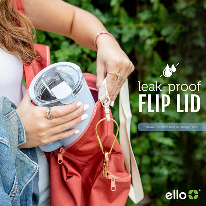 Ello Port - Vaso de 40 onzas con asa de transporte y asa integrada, botella de agua reutilizable de acero inoxidable aislada al aspiradora, taza de viaje con tapa a prueba de fugas y popote, perfecto