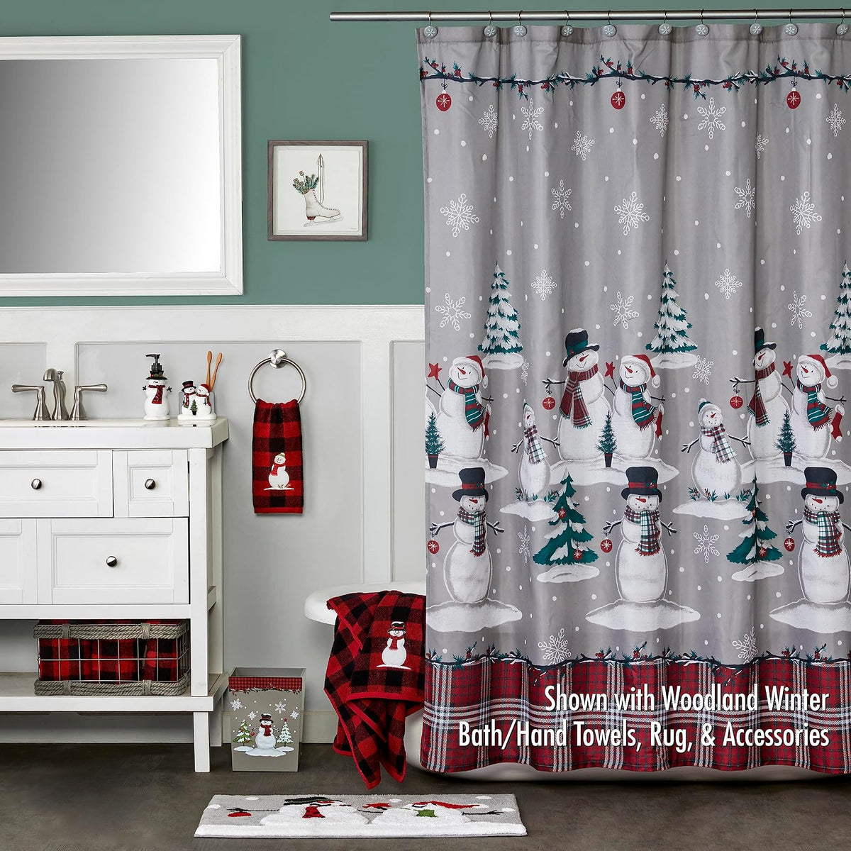 SKL Home - Cortina de Ducha con diseño de muñeco de Nieve para Navidad e Invierno, Juego de 12 Ganchos, Multicolor