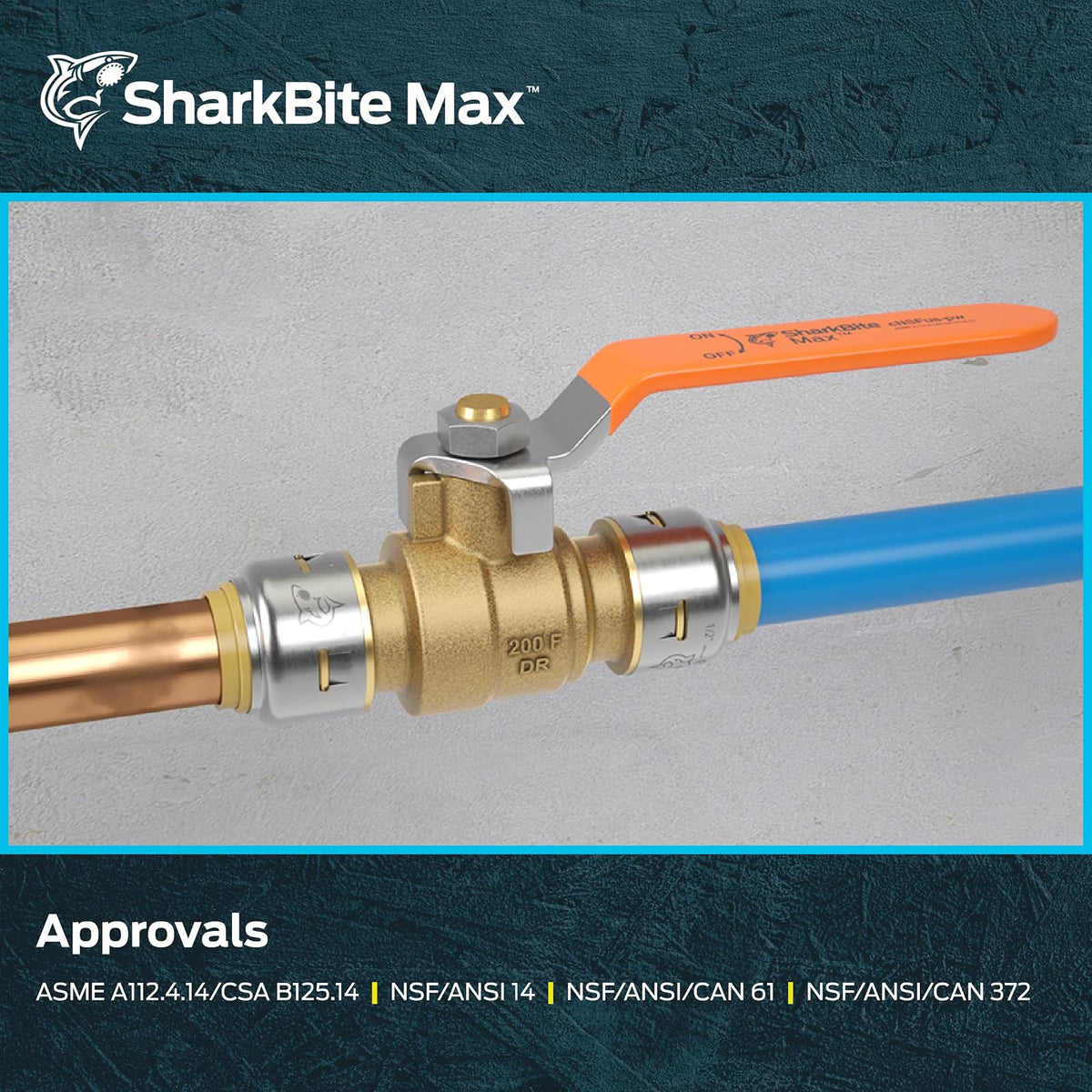 SharkBite Max - Válvula de bola PTC de 1/2 x 1/2 pulgadas, ajuste de plomería de latón con cierre de agua de latón de empuje para conectar, UR2222