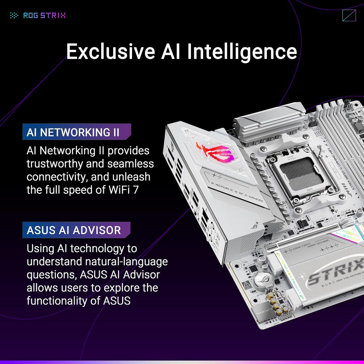 ASUS ROG Strix B850-G WiFi para Juegos AMD AM5 B850 mATX, Placa Base Avanzada AI PC Ready, 14+2+1 etapas de alimentación, Ranuras DDR5, 4X Ranuras M.2, PCIe® 5.0 Ready, WiFi 7, 2.5G LAN, USB 20Gbps