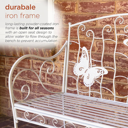 Alpine Corporation 43" L Indoor/Outdoor 2-Person Metal Garden Bench with Butterfly Backrest, White