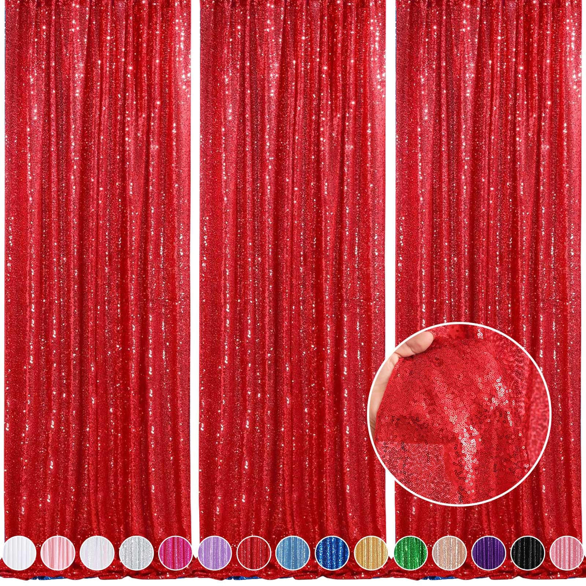 QueenDream Cortinas Rojas de Fondo de Lentejuelas de cumpleaños, Paquete de 3 Cortinas de 2 pies x 8 pies, Cortinas de Fondo para fotografía de Fiesta, Decoraciones de Navidad