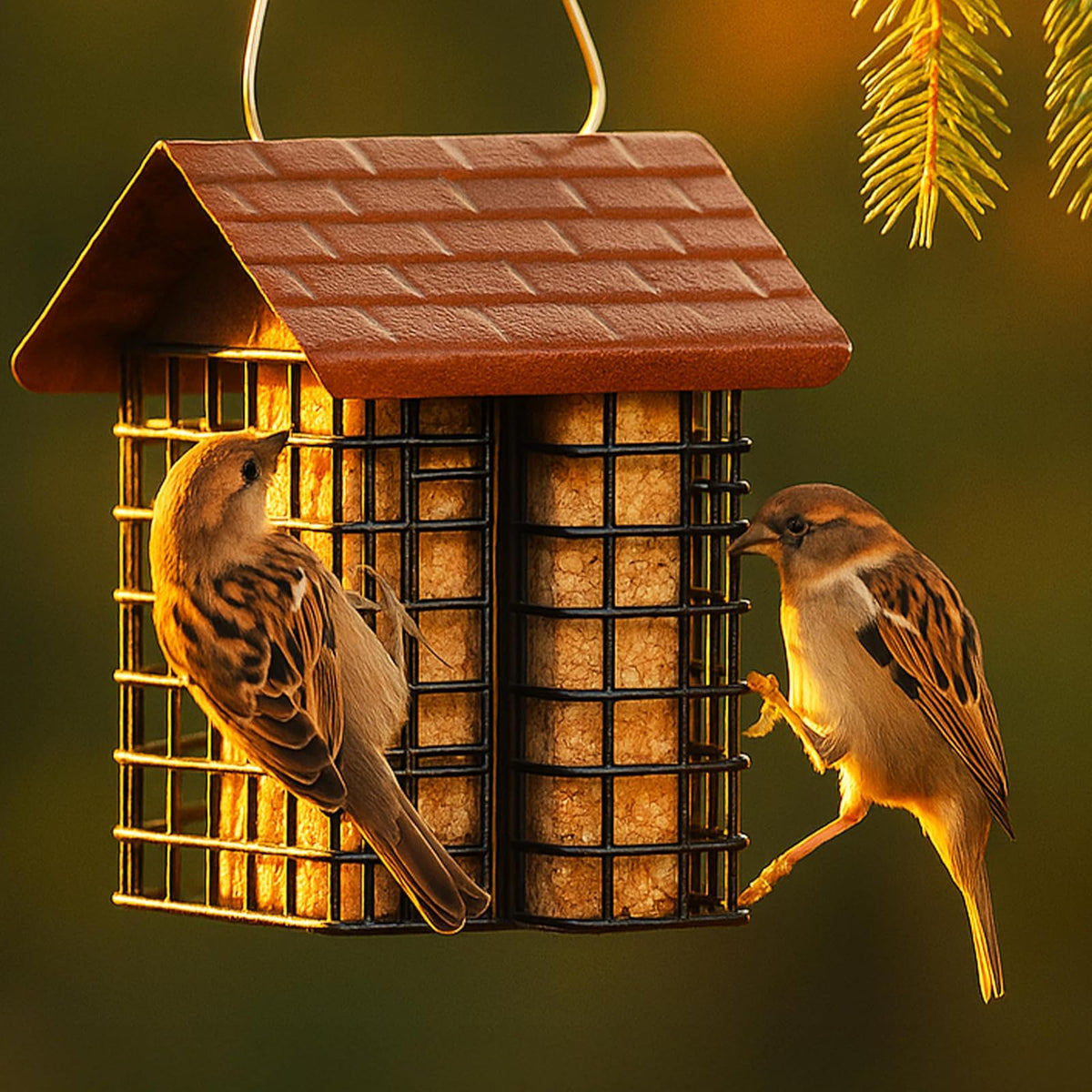 More Birds - Alimentador Doble con Protector contra el Clima, 6.5 Pulgadas de Largo x 4.25 Pulgadas de Ancho x 7.25 Pulgadas de Alto, café