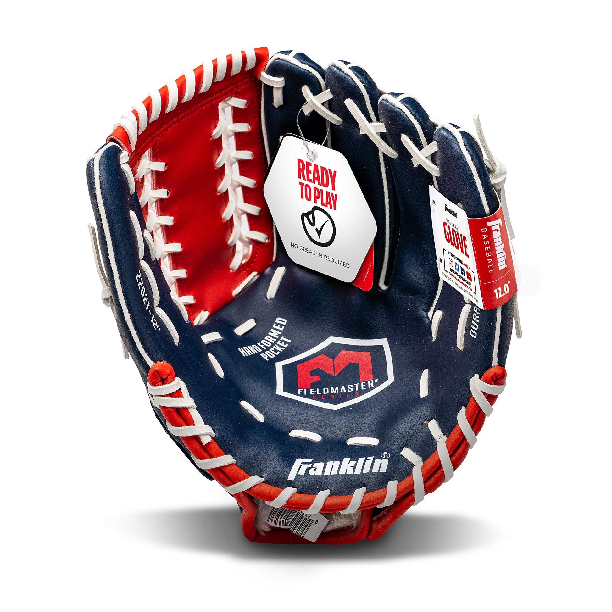 Franklin Sports Guante de béisbol y sóftbol, Maestro de Campo, Guante de béisbol y sóftbol, 12 Pulgadas, Tela de Trapecio, Rojo, Blanco, Azul