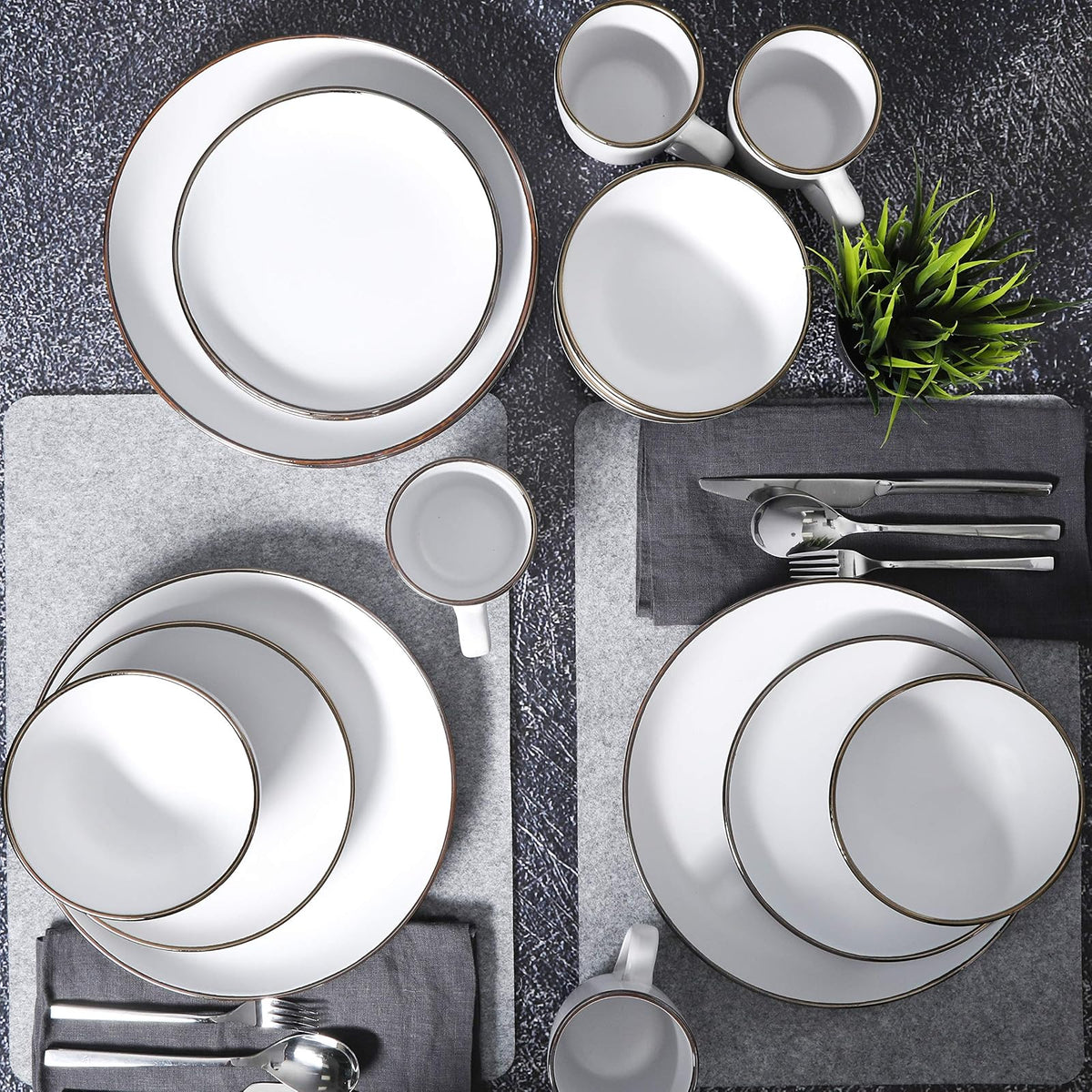 Gibson Home - Vajilla Rockaway redonda de gres, servicio para 4 (16 piezas), color blanco mate y metálico
