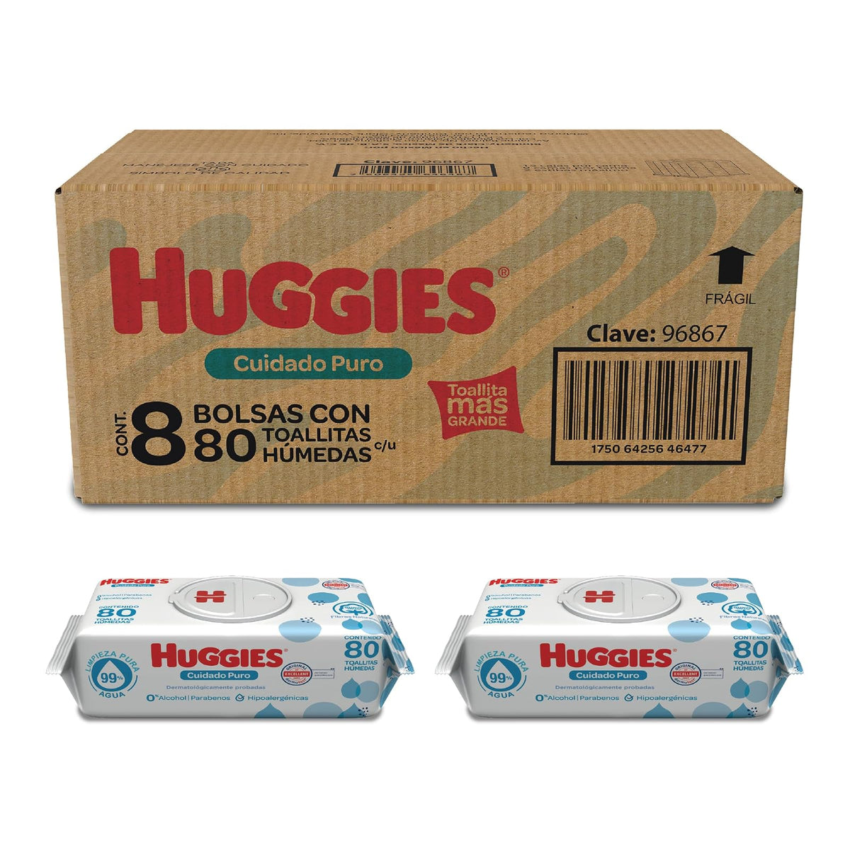 Huggies Cuidado Puro Toallas Húmedas para Bebé, Caja con 640 Piezas (8 paquetes de 80 toallitas c/u)