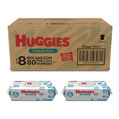 Huggies Cuidado Puro Toallas Húmedas para Bebé, Caja con 640 Piezas (8 paquetes de 80 toallitas c/u)