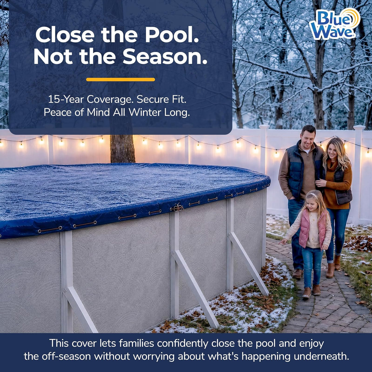 Blue Wave Gold - Cubierta de piscina ovalada sobre el piso de 15 años para invierno, polietileno duradero y resistente a la intemperie, superposición de 4 pies, parte inferior negra, ojales reforzados