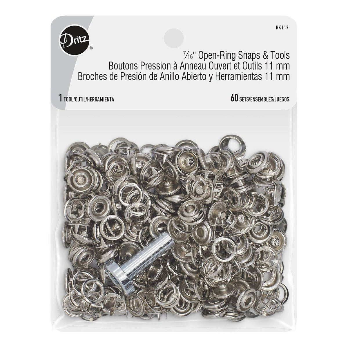 Dritz 2 lados de anillo abierto, tamaño 16, níquel incluye broches y cierres de herramientas, 7/16 pulgadas, 60 juegos - anillo abierto - Nickel - 7 - 16", 60 Sets