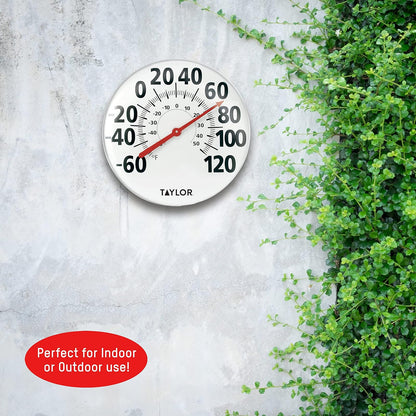 Taylor - Termómetro de pared de metal extragrande para interiores y exteriores, números fáciles de leer para patio, piscina y zonas interiores, 18 pulgadas, color blanco