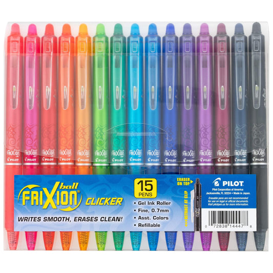 PILOT FriXion Clicker - Bolígrafos de tinta de gel borrables, recargables y retráctiles, punta fina, tintas de colores surtidos, 15pzas (14447)