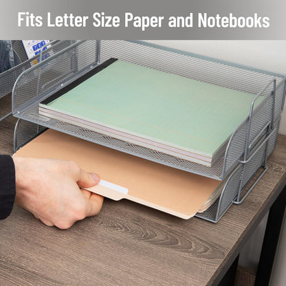 Betesh Mind Reader Stackable Paper Tray, Desktop Organizer, File Storage, Office, Metal Mesh, 14" L x 9.75" W x 6" H, 2 Pcs., Silver
