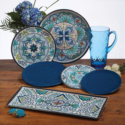 Talavera - Juego de vajilla de melamina de 3 piezas, servidor de chips y inmersión, bandeja de sabor de 3 secciones y plato rectangular de 19 pulgadas, colorido juego de servir del suroeste para
