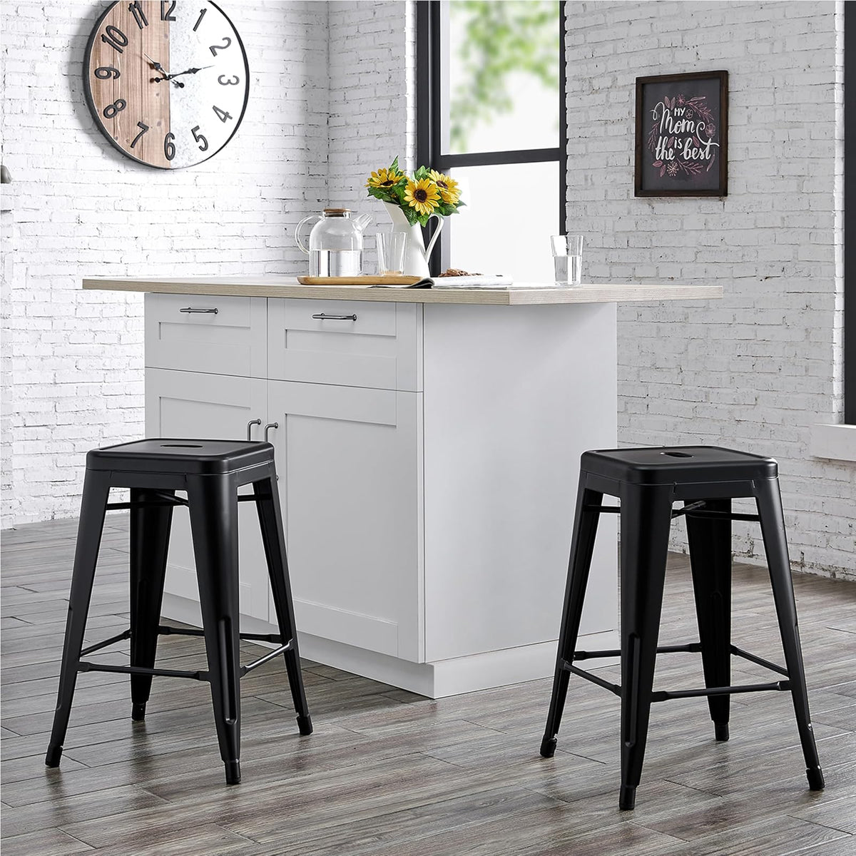 AC Pacific Modern Backless Light Weight Industrial Metal Barstool 4 Leg Design, 24" Seat Bar Stools (Set of 2), Matte Black Finish