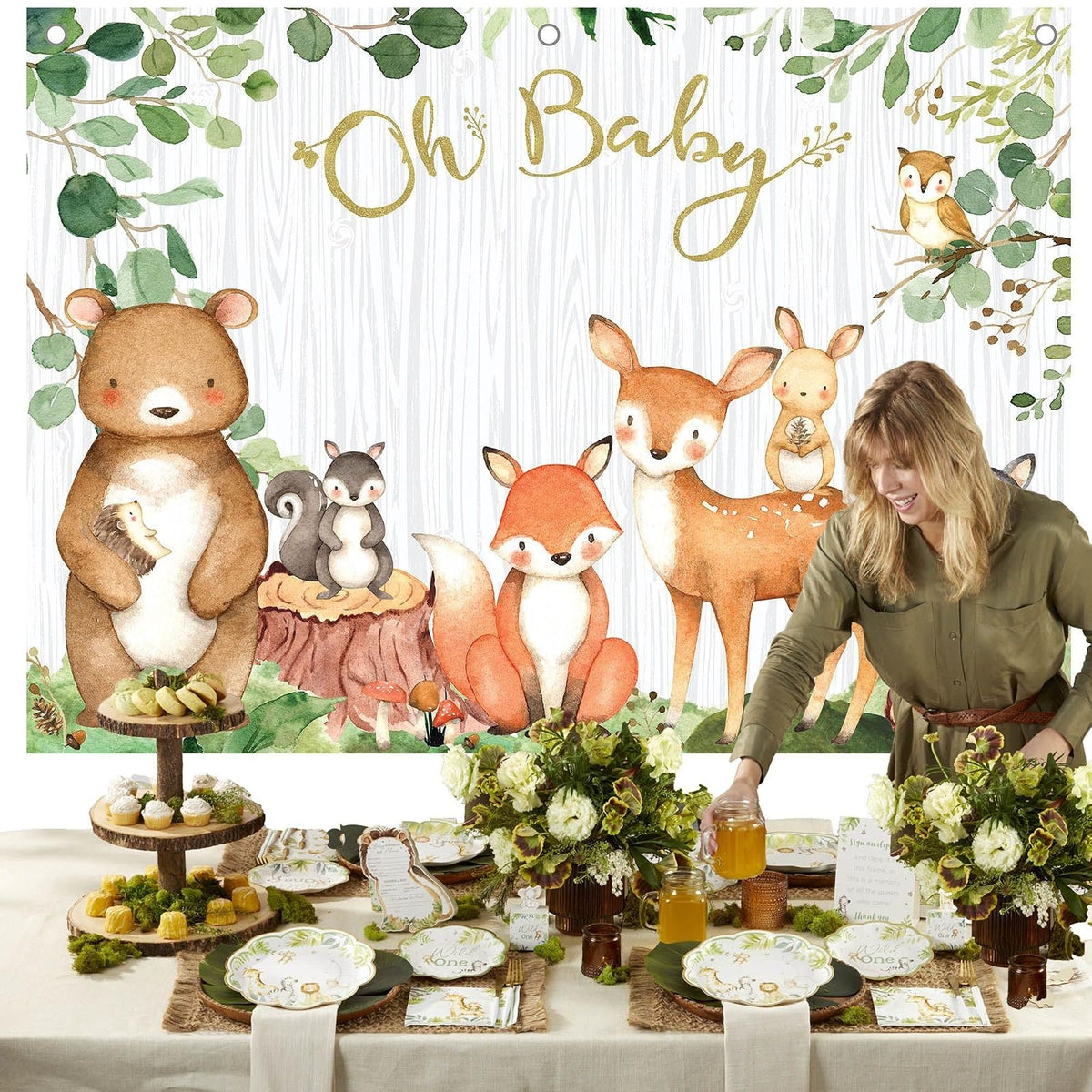 Kate Aspen Woodland - Decoración para baby shower, telón de fondo para fotos, foto y cabina de fotos, decoración de guardería