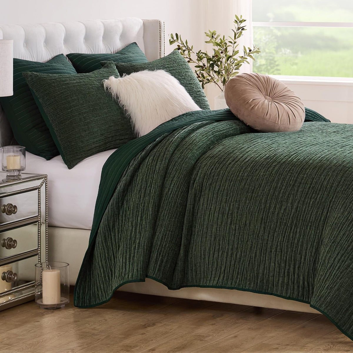 Greenland Home Velvet Crush - Juego de Colcha de Felpa Chenilla Texturizada, Edredón Acolchado, Ropa de Cama, 2 Piezas, Tamaño Individual, Bosque Verde