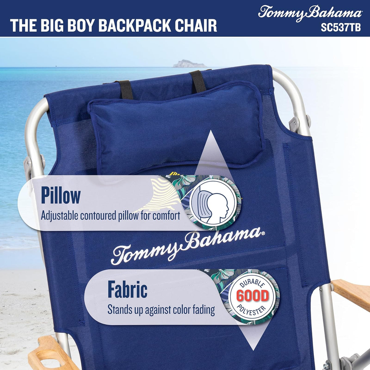 Tommy Bahama Big Boy - Mochila Plegable de 4 Posiciones para Asiento Alto de 13 Pulgadas, Silla de Playa o Camping, Aluminio, Azul Marino
