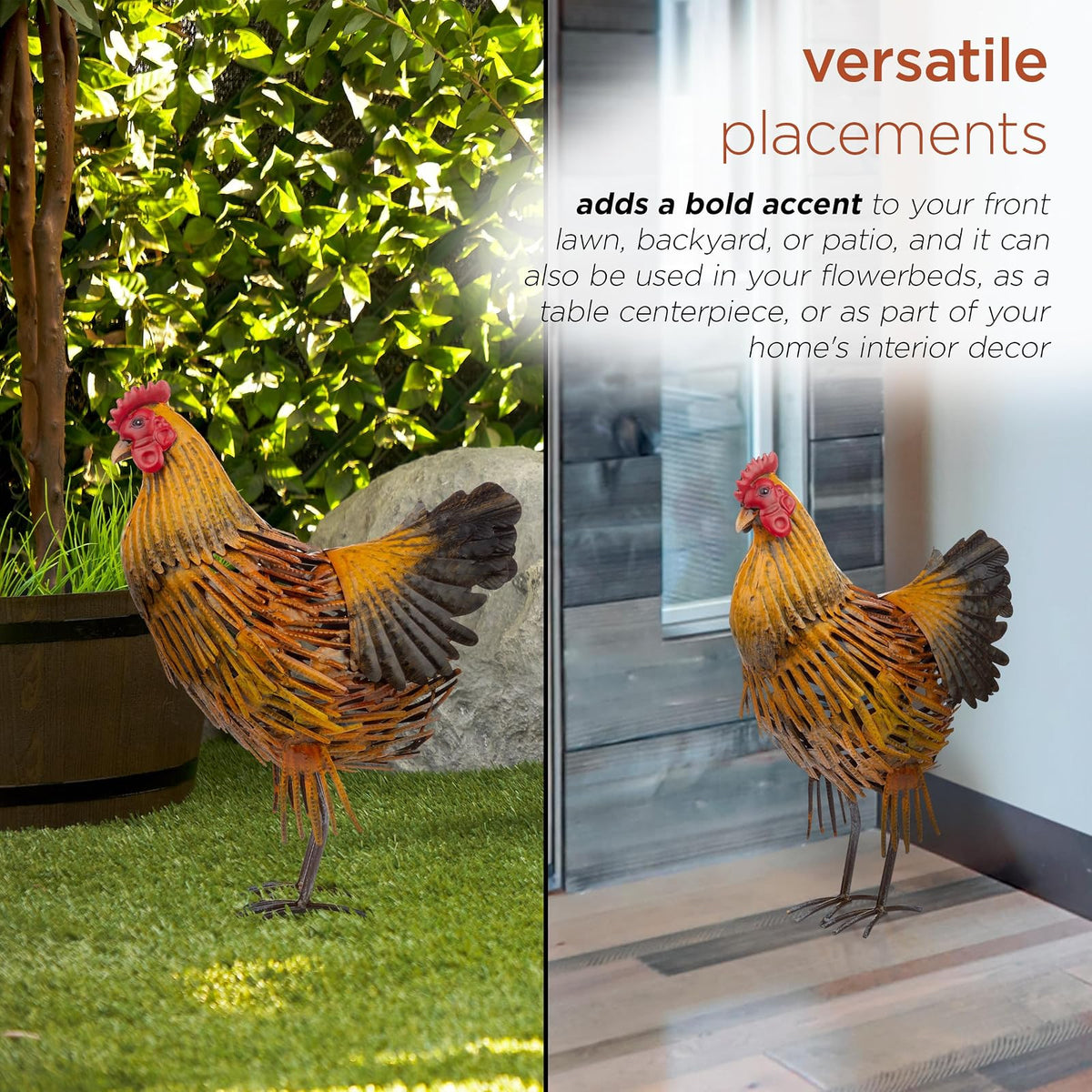 Alpine Corporation 16" H Indoor/Outdoor Metal Hen Decorative Garden Statue, Golden Brown