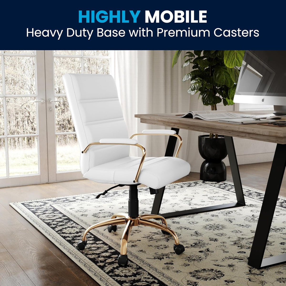 Flash Furniture Silla de Oficina con Respaldo Medio - Silla de Escritorio Ejecutiva de Polipiel Blanco Silla de Computadora con Estructura Dorada y Reposabrazos, 23" W x 24" D x 37" - 40.75" H