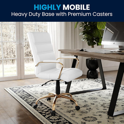 Flash Furniture Silla de Oficina con Respaldo Medio - Silla de Escritorio Ejecutiva de Polipiel Blanco Silla de Computadora con Estructura Dorada y Reposabrazos, 23" W x 24" D x 37" - 40.75" H