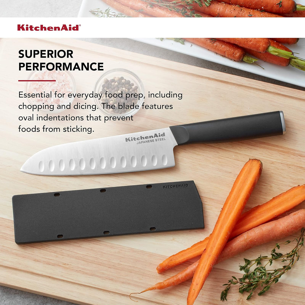 KitchenAid - Cuchillo clásico Santoku con cubierta de hoja de ajuste personalizado, 7 pulgadas, cuchillo de cocina afilado, acero inoxidable japonés de alto carbono, negro