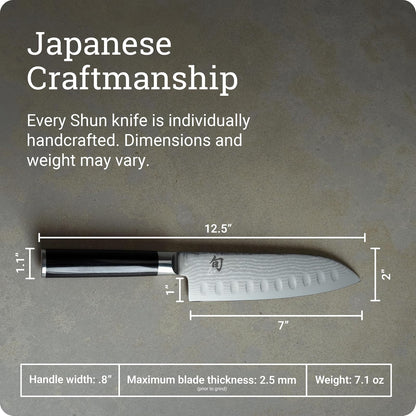 Shun Classic Cuchillo Santoku Multiusos VG-MAX 7" | Ebano Pakkawood, hendiduras suelo hueco, reduccion friccion, cortes suaves, hecho a mano Japon