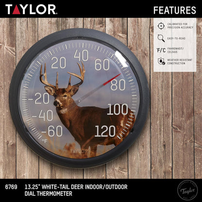 Taylor White Tail Deer Termómetro grande para interiores y exteriores, termómetro inalámbrico con números grandes fáciles de leer para patio, piscina, jardín o cochera, y áreas interiores, 13.3