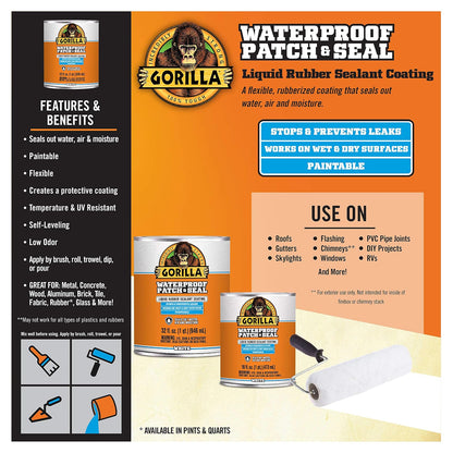 Gorilla Patch & Seal Sellador impermeable de goma líquida, blanco, 32 onzas | Sella el agua, el aire y la humedad, revestimiento de goma flexible, resistente a la temperatura y a los rayos UV