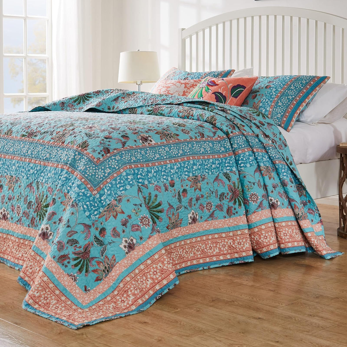 Greenland Home Audrey - Juego de Colcha, Edredón Acolchado, Ropa de Cama, 3 Piezas, Tamaño Jumbo Queen, Turquesa