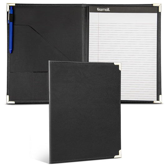 Samsill Classic Collection - Portafolio de trabajo con esquinas de latón, tamaño carta, con forro y bloc de escritura, negro, Plano, Negro