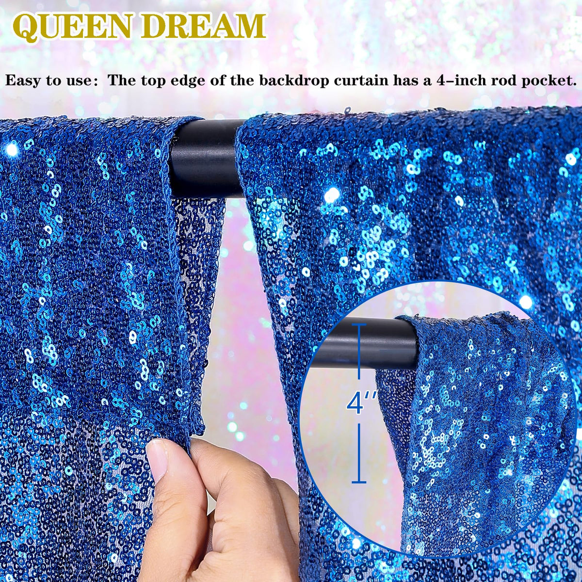 QueenDream Cortinas de Telón de Fondo de Lentejuelas | 4 pcs, 2ft x 8ft cada una, Azul Real, bolsillo para barra de 4 pulgadas