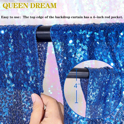 QueenDream Cortinas de Telón de Fondo de Lentejuelas | 4 pcs, 2ft x 8ft cada una, Azul Real, bolsillo para barra de 4 pulgadas