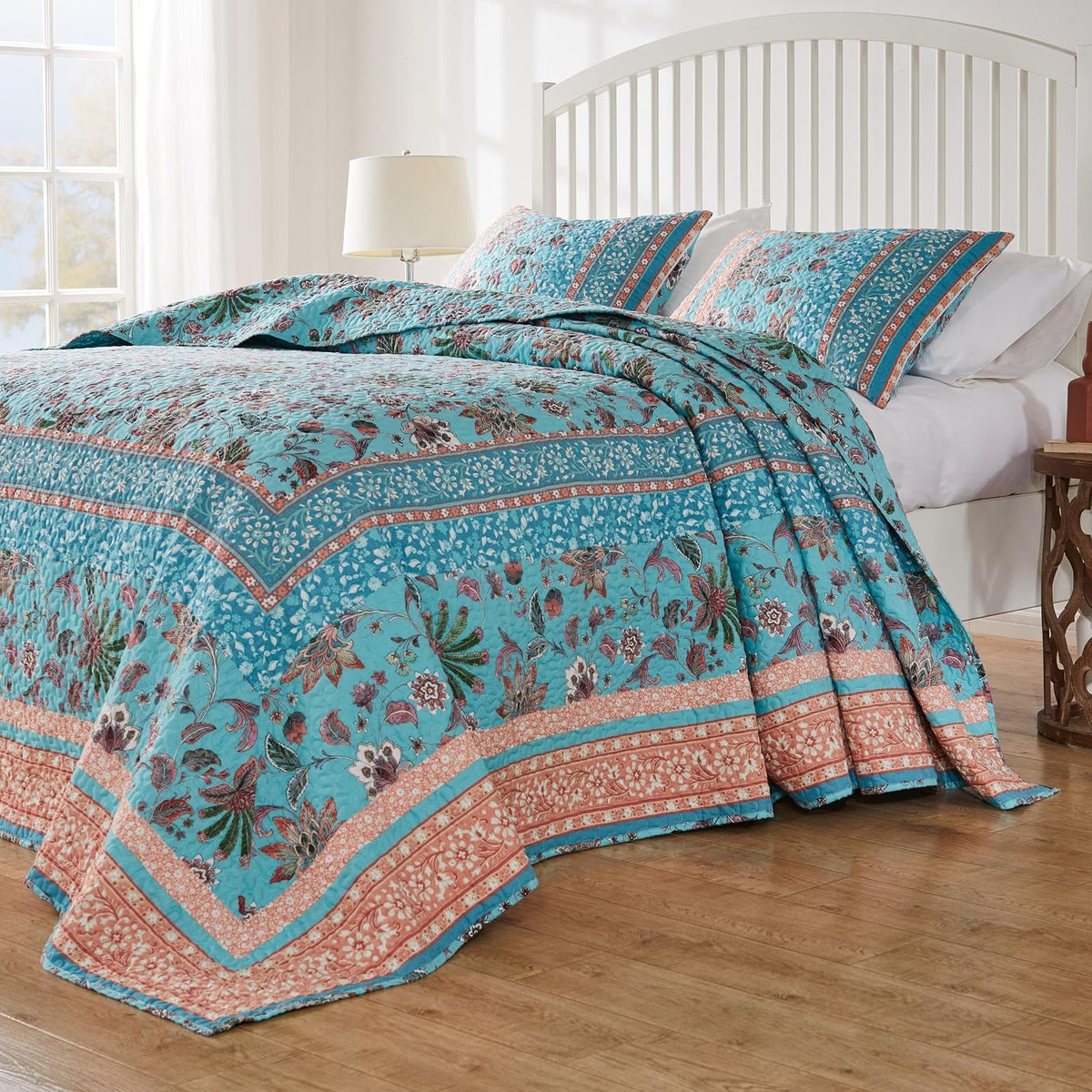 Greenland Home Audrey - Juego de Colcha, Edredón Acolchado, Ropa de Cama, 3 Piezas, Tamaño Jumbo Queen, Turquesa