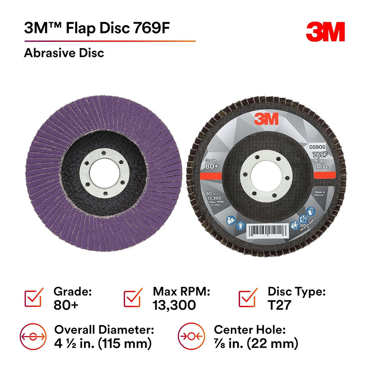 Disco de solapa 3M 769F, tipo 27, 80+, 4-1/2 x 7/8 pulgadas, abrasivo de alto rendimiento, disco de pulido y acabado de grano en forma de precisión de cerámica, acero al carbono, acero inoxidable