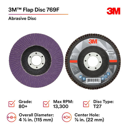 Disco de solapa 3M 769F, tipo 27, 80+, 4-1/2 x 7/8 pulgadas, abrasivo de alto rendimiento, disco de pulido y acabado de grano en forma de precisión de cerámica, acero al carbono, acero inoxidable