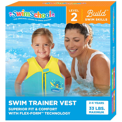 SwimSchool - Chaleco de natación para niños fácil de Poner y Quitar - Tallas: S/M hasta 33 Libras y Mediano/Grande hasta 50 Libras. - Colores: Azul, Naranja, Rosa y Espuma de mar
