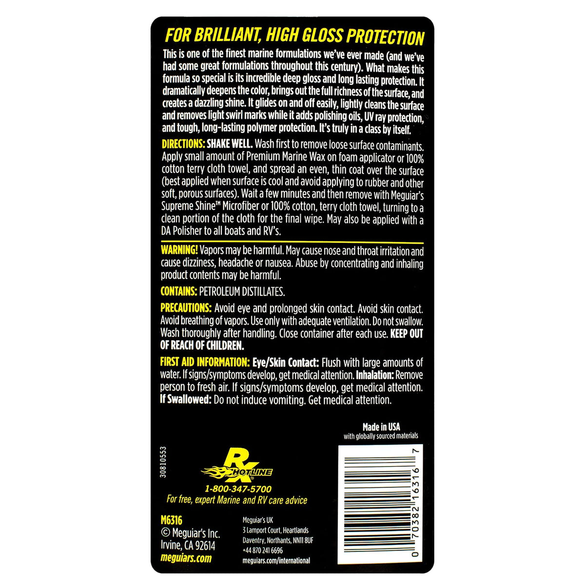 Meguiar's Cera Premium Marina Flagship M6316, Sintética para RV y Barcos, 473 ml