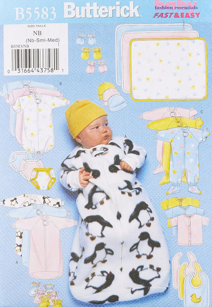 BUTTERICK PATTERNS B5583 - Patrones de Costura para , Overol, Camisa, Cubierta para pañales, Manta, Sombrero, Babero, Manoplas y Botes, tamaño NB0 (NB-S-M)