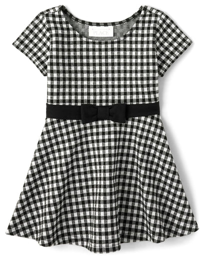 The Children's Place Vestido Elegante de Manga Abombada para Niña, Cuadros Rosa - negro y blanco (Black and White Gingham) - 5 Años
