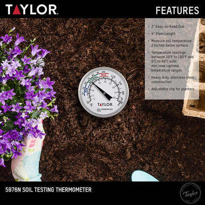 Taylor Termómetro de Piso, Herramienta de Jardinería para Cuidado de Plantas, Césped, Granja, Uso al Aire Libre, Tallo de 4 Pulgadas