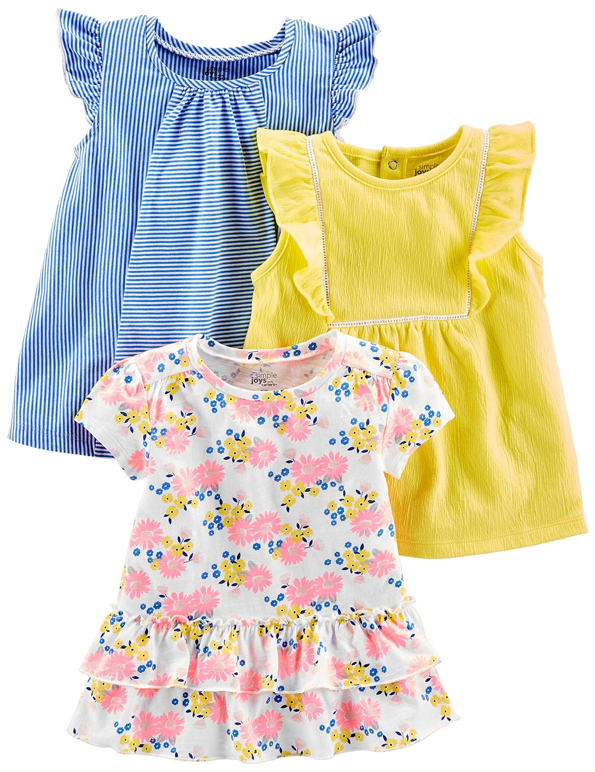 Simple Joys by Carter's - Camisas y camisetas de manga corta para niñas pequeñas, paquete de 3, azul/amarillo, rayas/floral, 5T