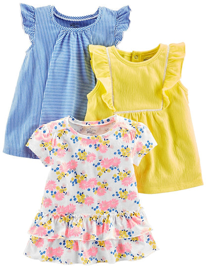 Simple Joys by Carter's - Camisas y camisetas de manga corta para niñas pequeñas, paquete de 3, azul/amarillo, rayas/floral, 5T