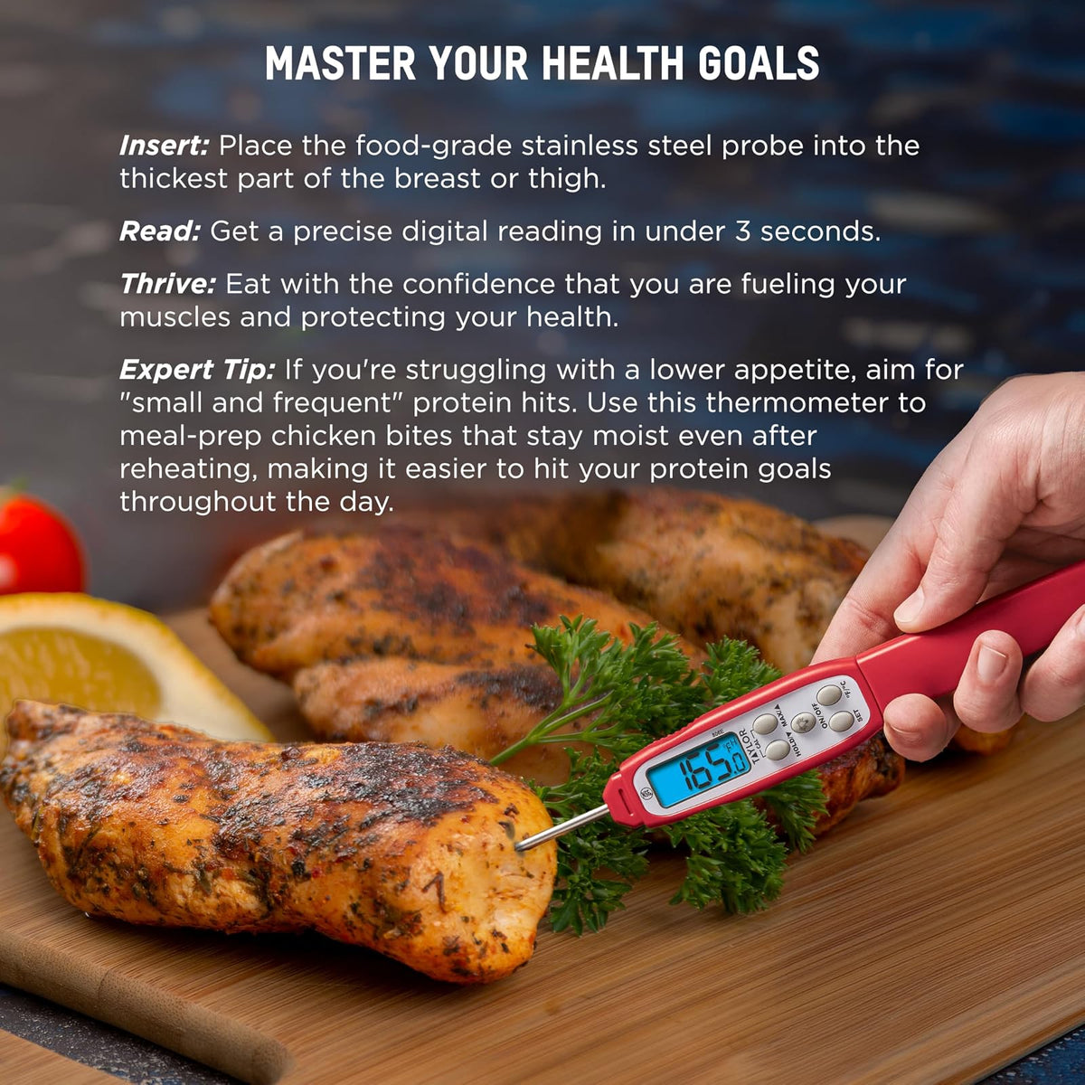 Taylor - Termómetro digital impermeable con luz de fondo azul brillante para cocina, carne, comida, parrilla, barbacoa cocina, rojo, estándar (806GW)