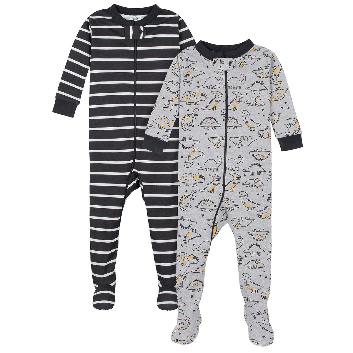 Gerber Pijamas con Pies para Bebé, Paquete de 2, Cierre Frontal - Grey Dinos Black Stripe Grey - 18 Meses