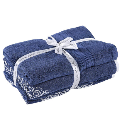 Amrapur Overseas | Artesia Damask 6 Piece Reversible Yarn Dyed Jacquard Towel Set (Indigo)