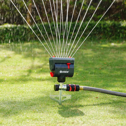 Eden 94145 Mini aspersor oscilante Ajustable de 4 vías con accionamiento de Engranaje de Punta escalonada, Resistente, Sistema de riego de jardinería, césped y jardín, Cobertura de hasta 4069 pies