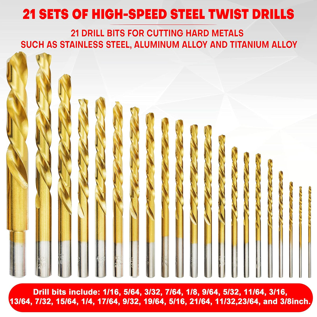 YIYITOOLS - Juego de 21 brocas de titanio para cortar metales duros, como acero inoxidable, aleación de aluminio y aleación de titanio, 21 piezas