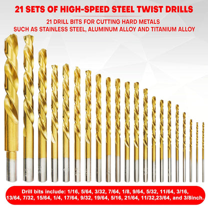 YIYITOOLS - Juego de 21 brocas de titanio para cortar metales duros, como acero inoxidable, aleación de aluminio y aleación de titanio, 21 piezas